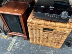 A SONY TUNER, A PAIR OF SPEAKERS AND A BASKET OF CHILDRENS COMICS