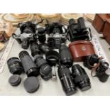 CAMERAS, LENSES, PHOTOGRAPHIC EQUIPMENT TOGETHER WITH TWO PAIRS OF BINOCULARS