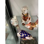 A ROYAL CROWN DERBY TEDDY BEAR PAPERWEIGHT, TWO BIRDS AND A RABBIT.