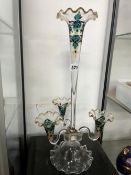 A VINTAGE GLASS EPERGNE WITH LATER ENAMELLED DECORATION.