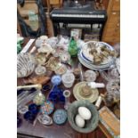 AN 18th C. BRONZE MORTAR, GLASS WARE, PLATTERS, A REPRODUCTION GWR LAMP, PAPERWEIGHTS AND CLOCKS