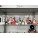 TWELVE ROYAL DOULTON FEMALE FIGURINES TOGETHER WITH A ROSENTHAL FIGURINE AND TWO EARLIER GERMAN
