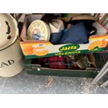 HATS, BLANKETS, A CLOCK, AN ENAMEL BREAD BIN, A RADIO, ETC.