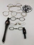 AN ASSORTMENT OF VINTAGE SPECTACLES, TWO PAIRS OF FOLDING OPERA GLASSES, AND AN MONOCLE.