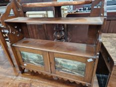 A VICTORIAN WALL CABINET WITH HAND PAINTED PANELS AND A MAHOGANY TRIPOD TABLE WITH COPPER TOP