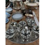 ELECTROPLATE CHAMPAGNES, A TRAY, A TWO HANDLED URN, SAUCE BOATS, ETC.