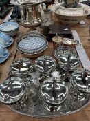ELECTROPLATE CHAMPAGNES, A TRAY, A TWO HANDLED URN, SAUCE BOATS, ETC.