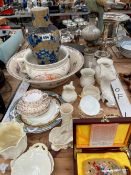 A COLLECTION OF GREEN AND BROWN MARKED BELLEEK, A PARROT CANDLESTICK, A CHINESE SNUFF BOTTLE AND A