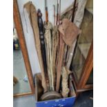 A COLLECTION 0F SIX BAGGED FISHING RODS, OTHERS LOOSE AND A COPPER WARMING PAN