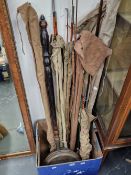 A COLLECTION 0F SIX BAGGED FISHING RODS, OTHERS LOOSE AND A COPPER WARMING PAN