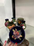MOORCROFT EXAMPLES TO INCLUDE A SILVER RIMMED JAR, FOUR SMALL VASES, AND A BOWL.