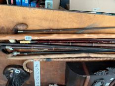 A COLLECTION OF WALKING STICKS, WHIPS AND A REGIMENTAL SWAGGER STICK
