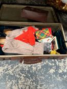 A SUITCASE CONTAINING A KILT, SPORRAN, SHOES AND HIGHLAND DRESS TOGETHER WITH A BLACK METAL BOX