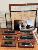 SIX NAMED MODEL TRAINS, THREE RAILWAY MAPS AND TWO LOCOMOTIVE PHOTOGRAPHS