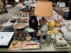 STUDIO POTTERY, A TABLE LAMP, ROYAL STAFFORDSHIRE YELLOW TEA WARES, A JELLY MOULD AND JUGS