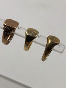 THREE HALLMARKED 9ct GOLD SIGNET RINGS. GROSS WEIGHT 13.8grms.