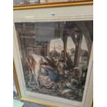 A ANTIQUE COLOUR PRINT IN A GILT FRAME.