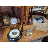 FOUR MANTEL CLOCKS TWO BAROMETERS AND VARIOUS ALARM CLOCK