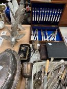 CASED AND LOOSE ELECTROPLATE CUTLERY, ELECTROPLATE MODEL CHICKENS, WINE GOBLETS AND A VEGETABLE