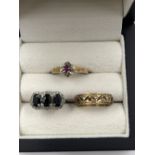 TWO DIAMOND AND GEMSET 9ct HALLMARKED GOLD DRESS RINGS, TOGETHER WITH A GEMSET 9ct HALLMARKED FULL