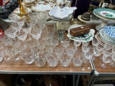 A SELECTION OF DRINKING GLASS, KITCHEN SCALES AND WEIGHTS, CASED SUGAR TONGS AND PLATES TO INCLUDE