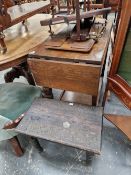 A SMALL OAK DROP LEAF SIDE OR HALL TABLE, A OAK STOOL, A TRAY AND A TROUSER PRESS.