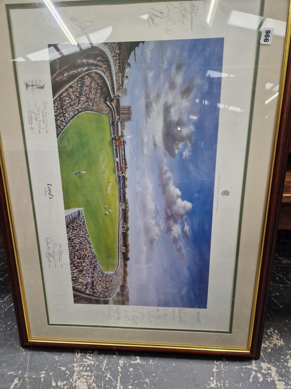 A LIMITED EDITION LORDS CRICKET GROUND PRINT BY JACK RUSSELL BEARING NUMEROUS SIGNATURES