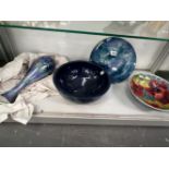 A LARGE LISE MOORCROFT POTTERY BOWL WITH TREE DCEORATION, A WALL PLAQUE WITH BIRD DECORATION, A