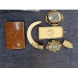 TWO PORTRAIT BROOCHES, A BOARS TUCK, SMALL SCENT BOTTLE, VINTAGE PURSE AND COMB AND WOODED CIGARETTE