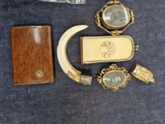 TWO PORTRAIT BROOCHES, A BOARS TUCK, SMALL SCENT BOTTLE, VINTAGE PURSE AND COMB AND WOODED CIGARETTE