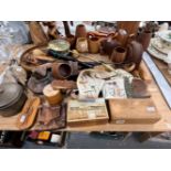 A COLLECTION OF VARIOUS TREEN INCLUDING CARVED FIGURES, BOOKENDS, BOXES, GOBLETS AND VASES TOGTEHR