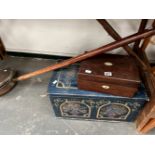 A BLUE PAINTED BOX, ANOTHER IN MAHOGANY AND A COPPER WARMING PAN
