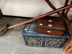 A BLUE PAINTED BOX, ANOTHER IN MAHOGANY AND A COPPER WARMING PAN