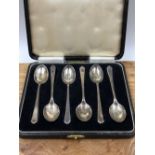 A CASED SET OF SIX, HALLMARKED SILVER TEA SPOONS. GROSS WEIGHT 96grms.