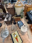 STONEWARE JARS, FIGURAL BOXES, A PEWTER QUAICHE, AN ALLADIN TIN BOOK MONEY BOX AND AN ETHNIC HANDLED