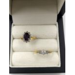 AN 18ct HALLMARKED GOLD AMETHYST AND DIAMOND CLUSTER RING, TOGETHER WITH AN 18ct AND PLATINUM