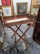 A ANTIQUE BUTLERS TRAY ON FOLDING STAND
