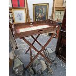 A ANTIQUE BUTLERS TRAY ON FOLDING STAND