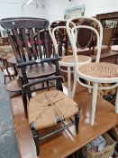 A ANTIQUE CHILD'S CHAIR AND THREE OTHER CHAIRS.