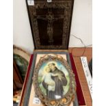 FIVE FRAMED CHRISTIAN IMAGES, AN EMPTY DOUBLE FRAME AND A FLORENTINE WOODEN TRAY