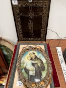 FIVE FRAMED CHRISTIAN IMAGES, AN EMPTY DOUBLE FRAME AND A FLORENTINE WOODEN TRAY