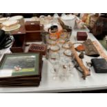 BOXES, PEWTER MUGS, WINE GLASSES, HORSE RACING PRINTS, ELECTROPLATE CUTLERY, ETC.