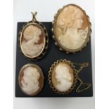 FOUR MODERN 9ct HALLMARKED GOLD CAMEO BROOCHES. LARGEST 4.3cms. GROSS WEIGHT 22.9grms.