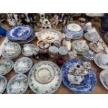 THREE ANTIQUE STAFFORDSHIRE FLAT BACK FIGURES, VARIOUS EDWARDIAN AND OTHER TEAWARES, BLUE AND