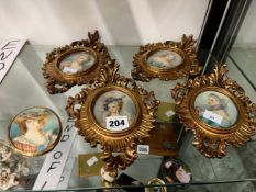 AN ANTIQUE BRASS FRAMED MINIATURE PORTRAIT TOGETHER WITH FOUR FURTHER FLORENTINE FRAMED EXAMPLES.