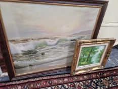 TWO MODERN COASTAL SCENE OIL PAINTINGS AND ONE OTHER IN A GILT FRAME