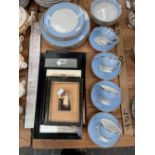 DOULTON BLUE BORDERED BREAKFAST WARES TOGETHER WITH FRAMED PHOTOGRAPHS AND ORIENTAL PRINTS