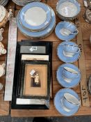 DOULTON BLUE BORDERED BREAKFAST WARES TOGETHER WITH FRAMED PHOTOGRAPHS AND ORIENTAL PRINTS