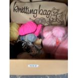 A BOX OF KNITTING WOOLS, ANOTHER OF TEA STRAINERS, A TIN OF BUTTONS, ETC.