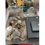 CASED AND LOOSE ELECTROPLATE CUTLERY, BRASS COAT HOOKS, A GLASS DECANTER, OTHER GLASS AND A PAIR